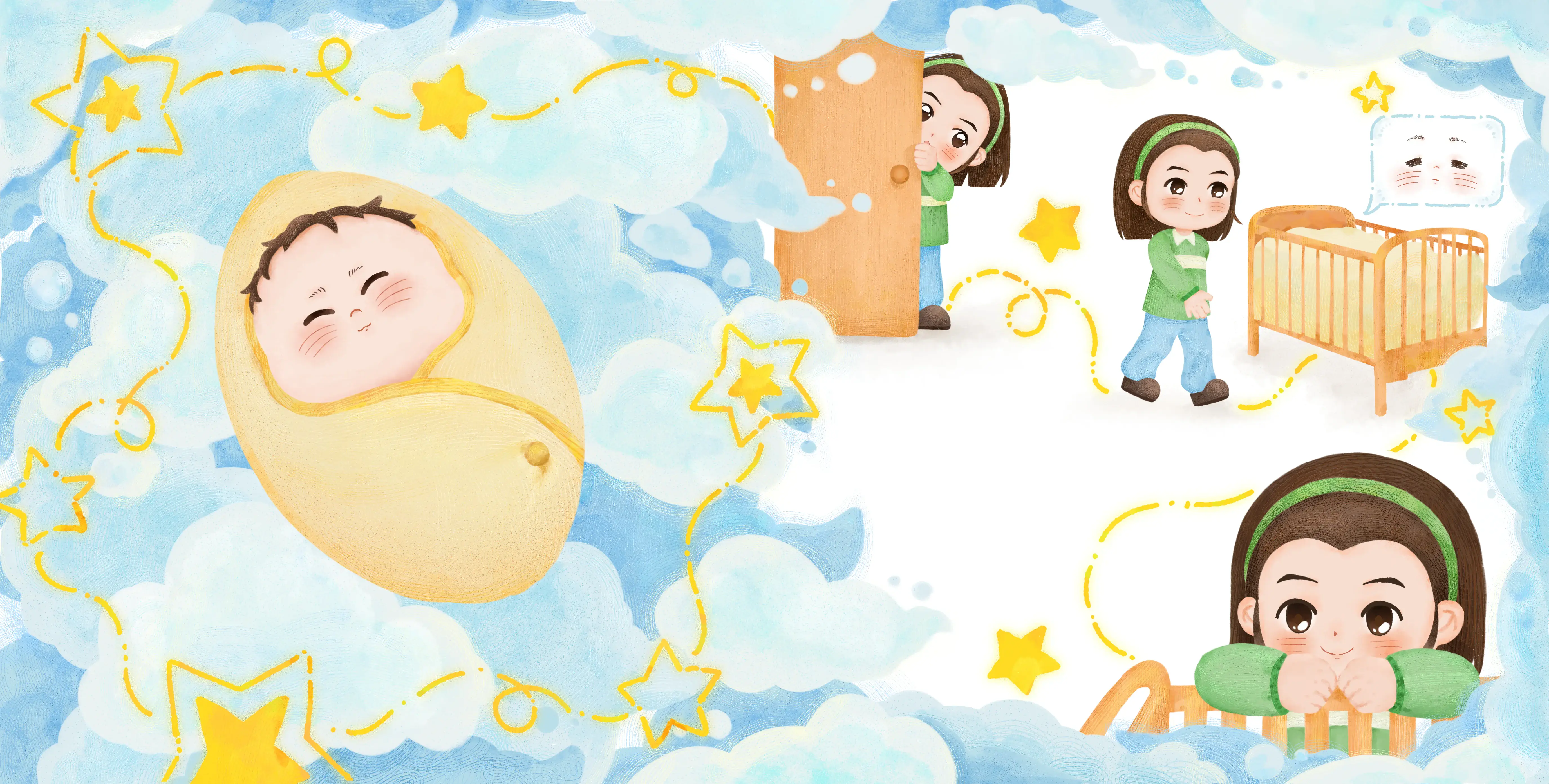 绘本：云朵与婴儿主题的平面插图跨页